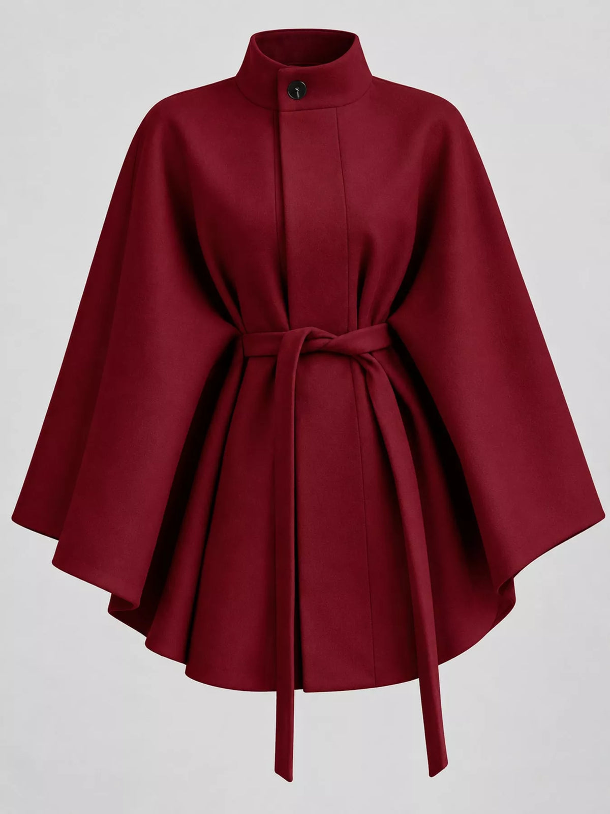 Burgundy tie-waist cape — front view