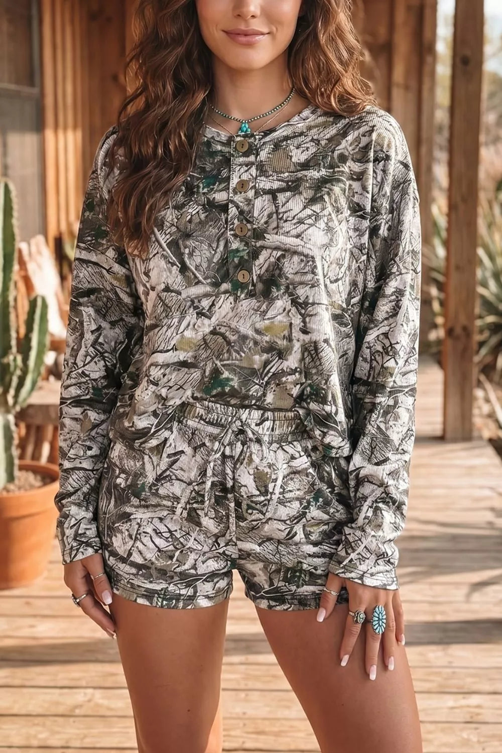 Women's camo long sleeve top and elastic-waist shorts two-piece set