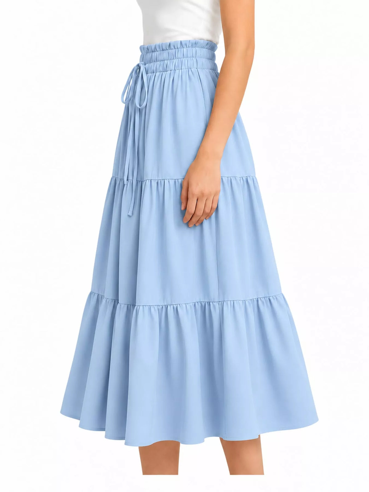 Light blue drawstring tiered skirt — side view