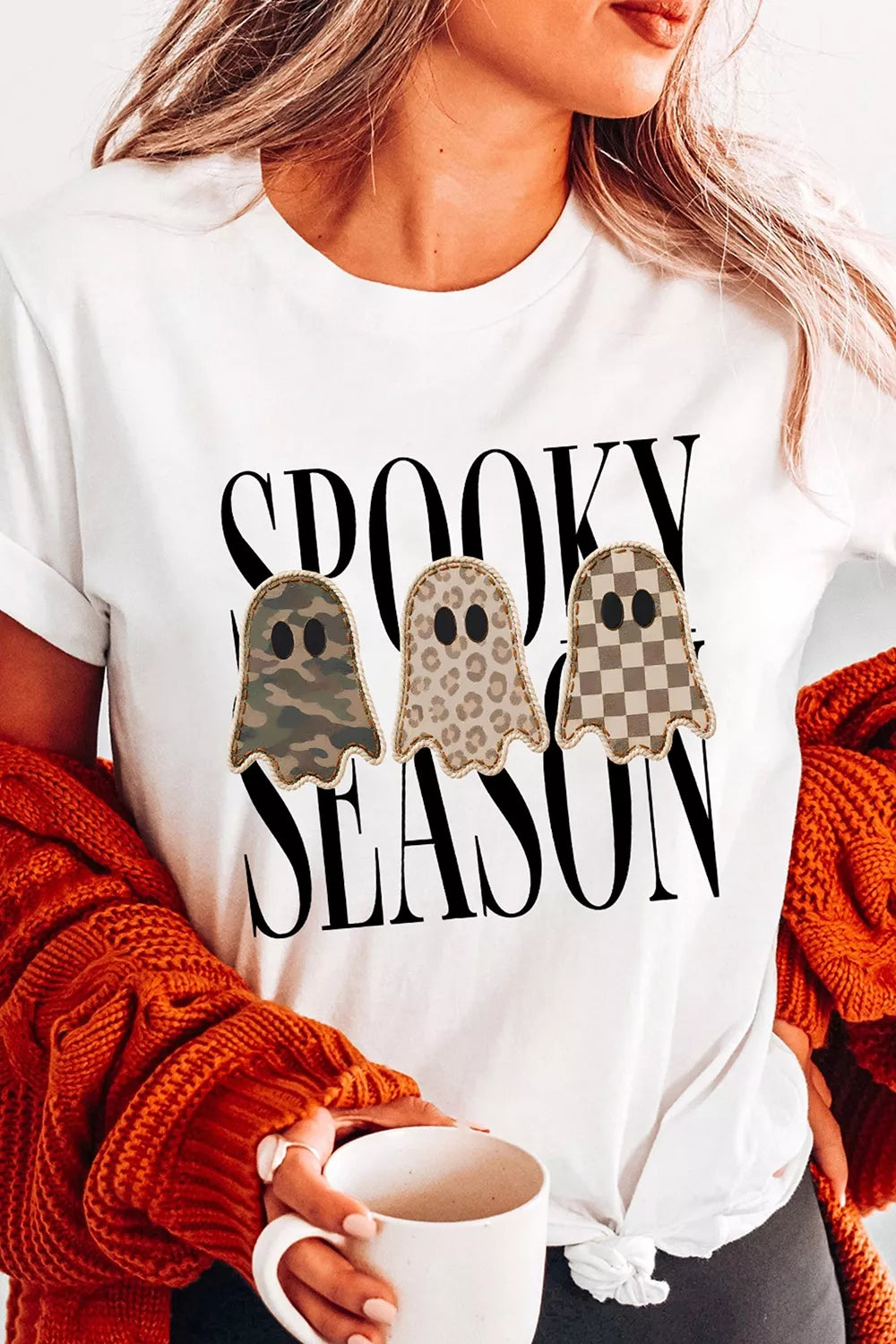 Women's white spooky ghost graphic Halloween short sleeve T-shirt