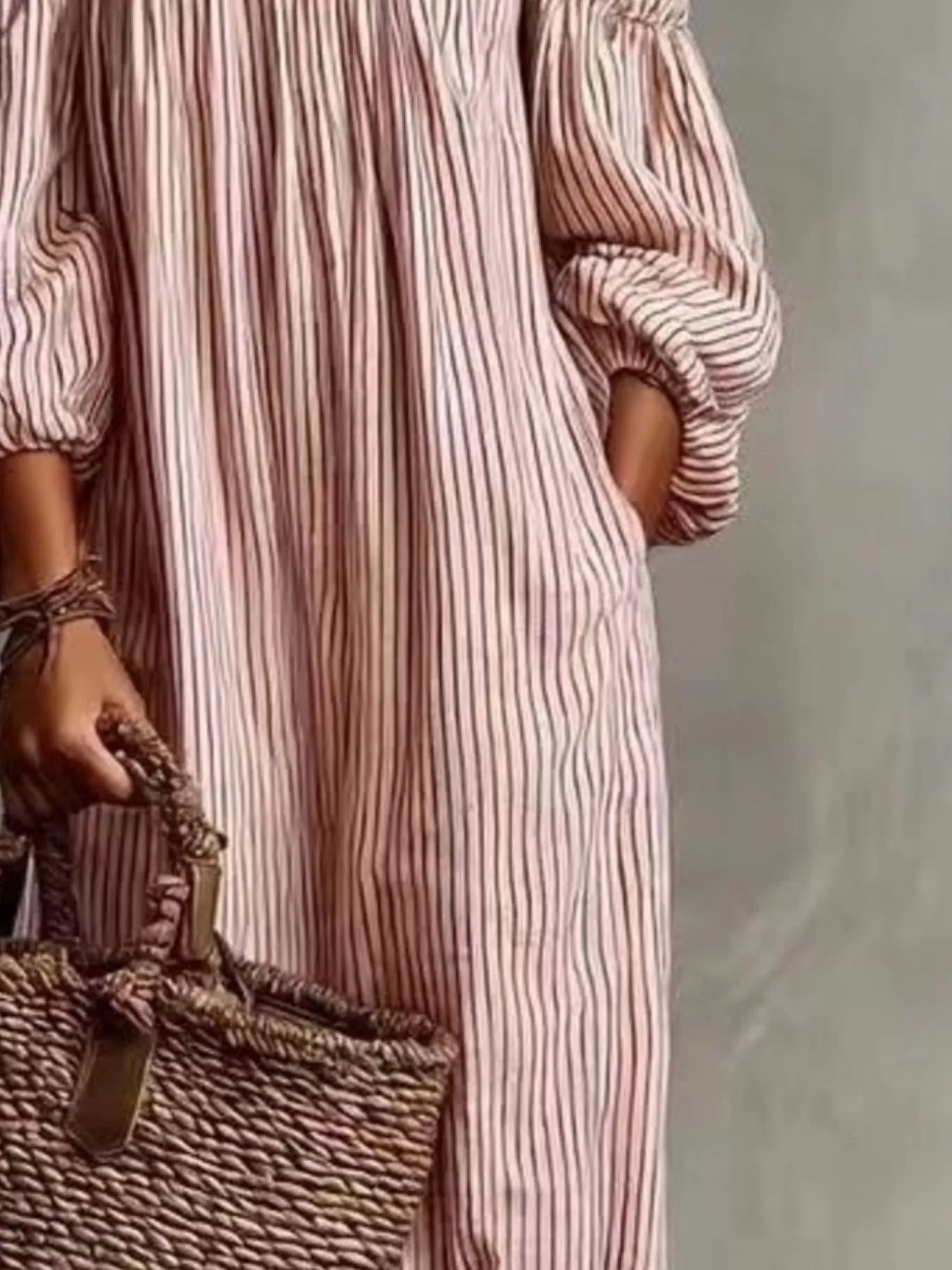 Trendsi Full Size Off-Shoulder Striped Maxi Dress with Puff Sleeves Plus Size -