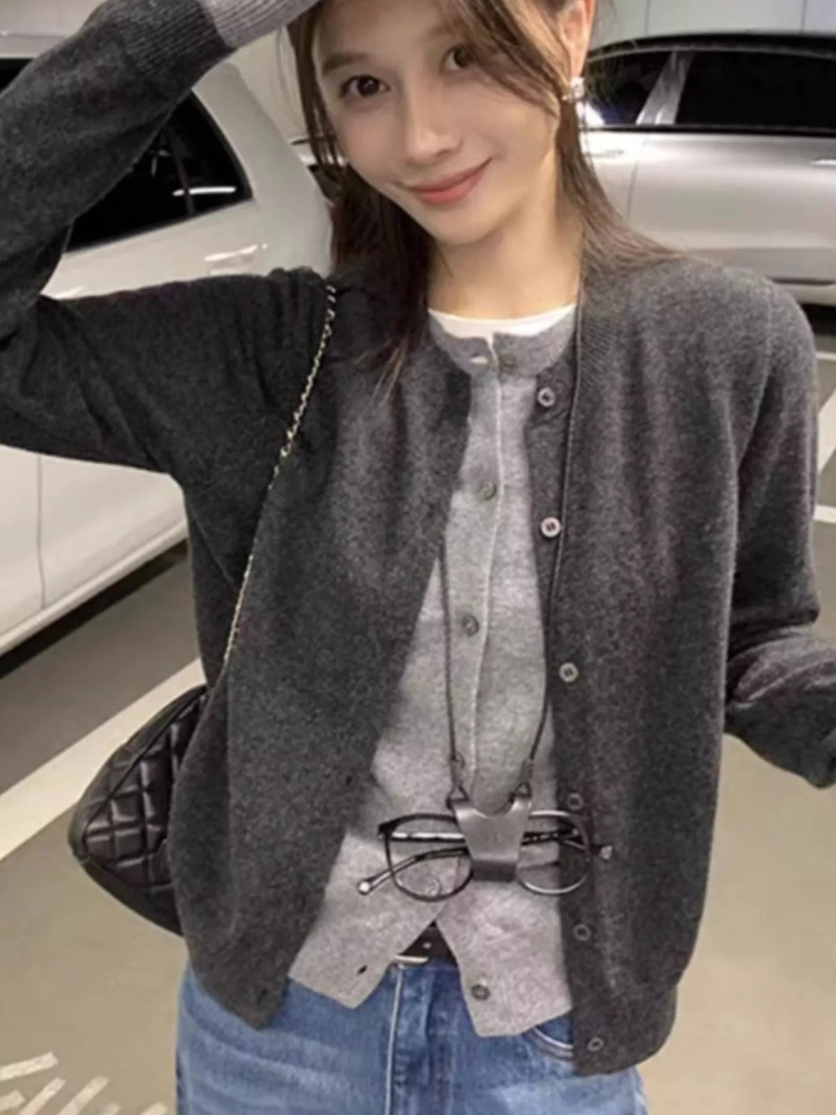 Button-Down Knit Cardigan in dark gray and light gray