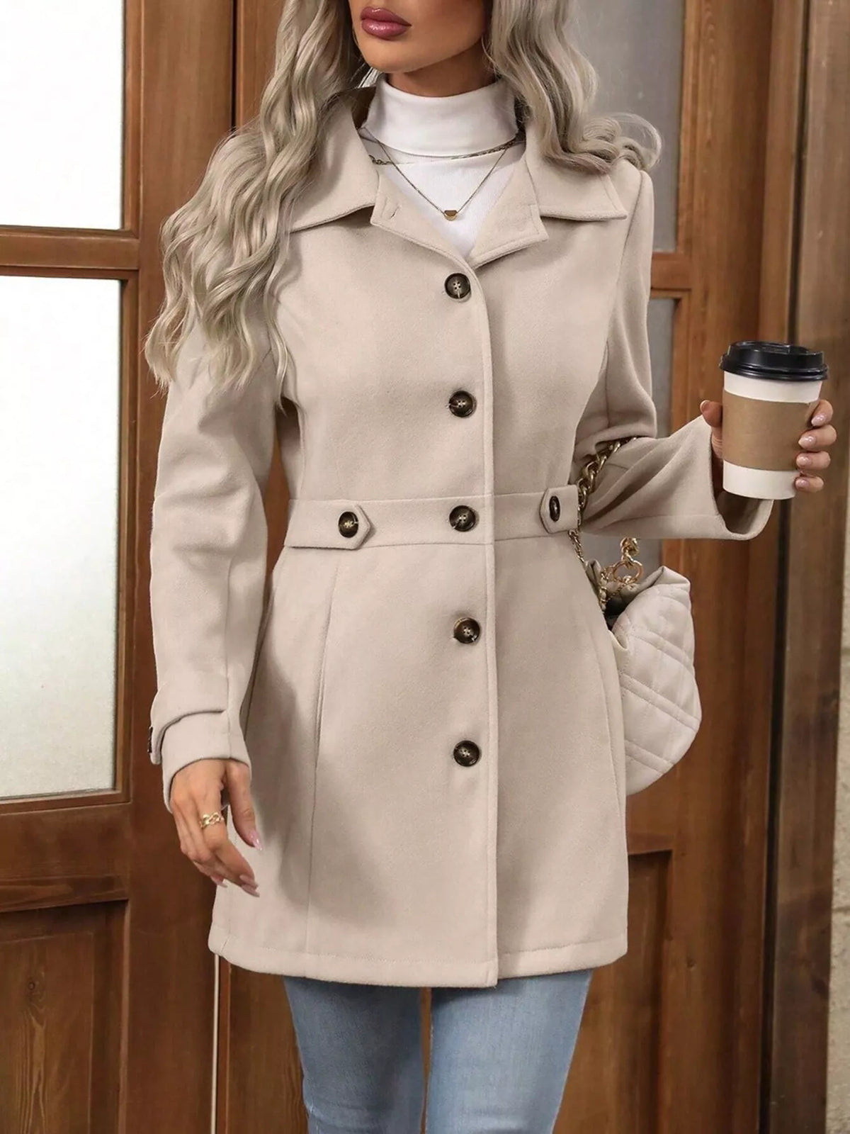 Beige single-breasted coat, buttoned front view with cup