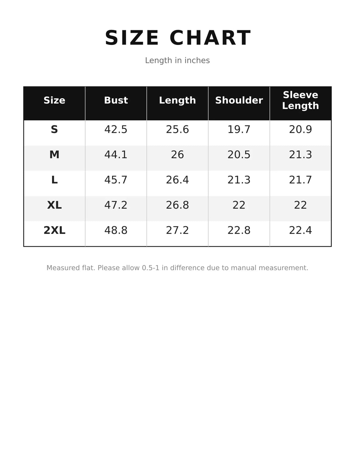 Size chart for sherpa fleece hooded snap-button jacket
