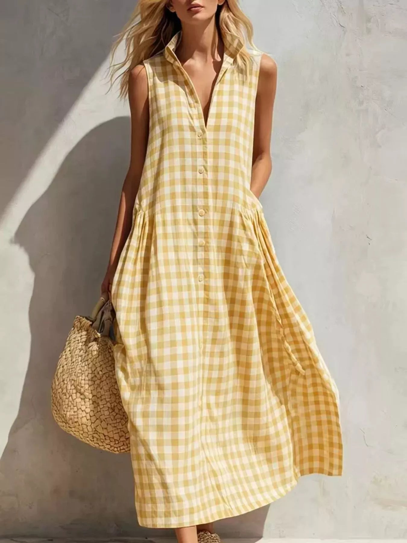 Trendsi Full Size Sleeveless Gingham Button-Down Midi Dress Plus Size -