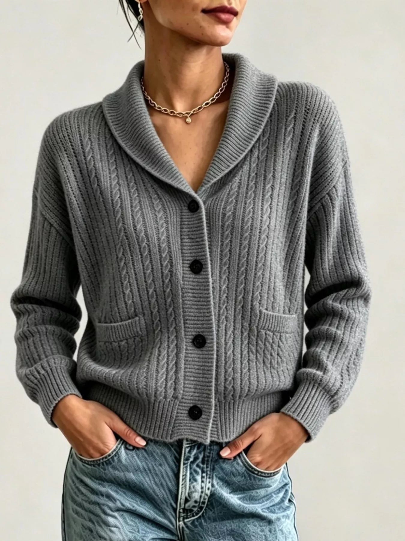 Trendsi Full Size Shawl Collar Cable Knit Cardigan Plus Size -