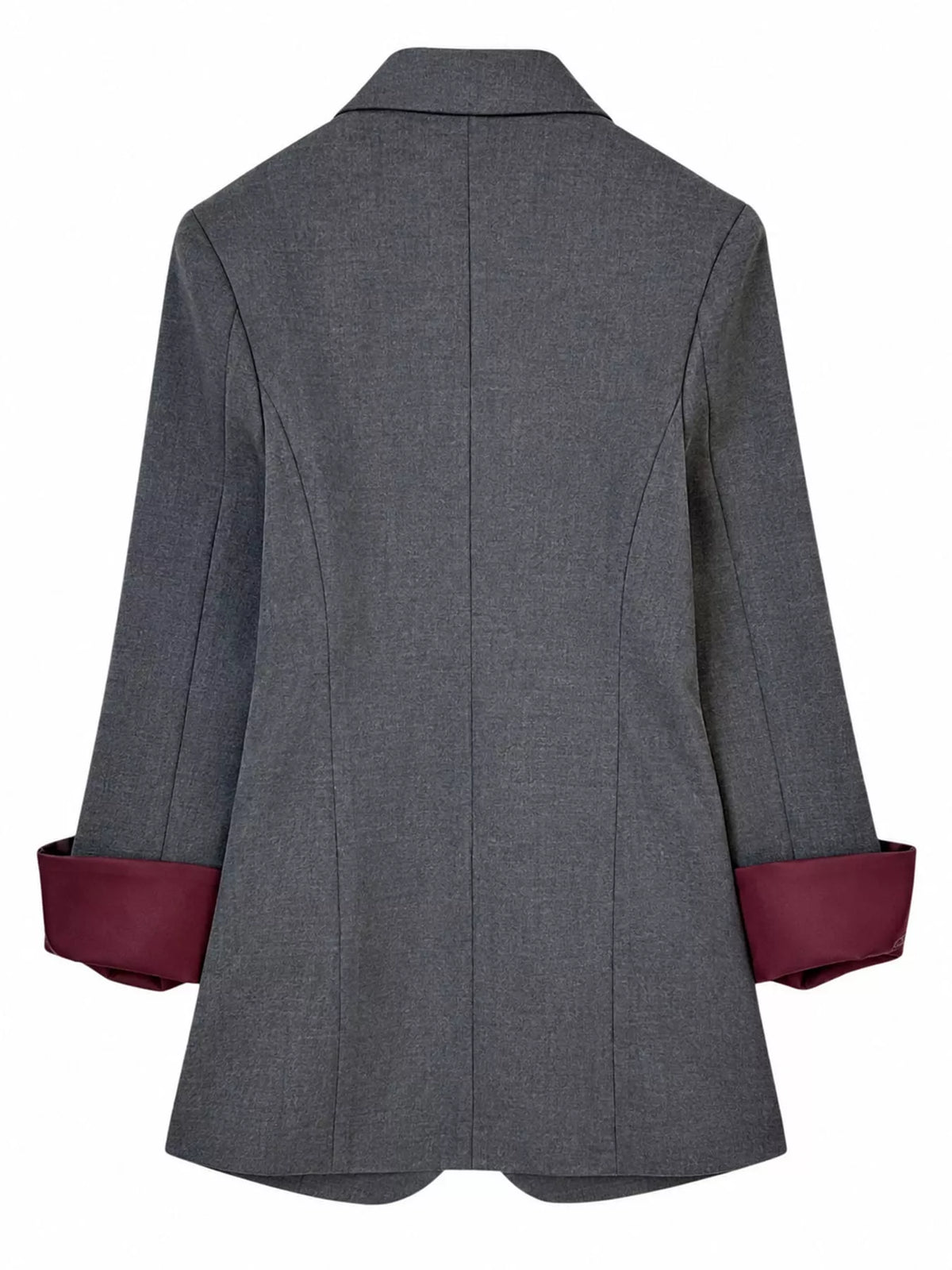 Gray lapel collar button-up blazer, back view