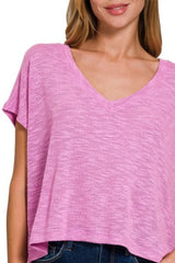 Trendsi Zenana Hacci Slub V-neck Drop Shoulder Crop Top -