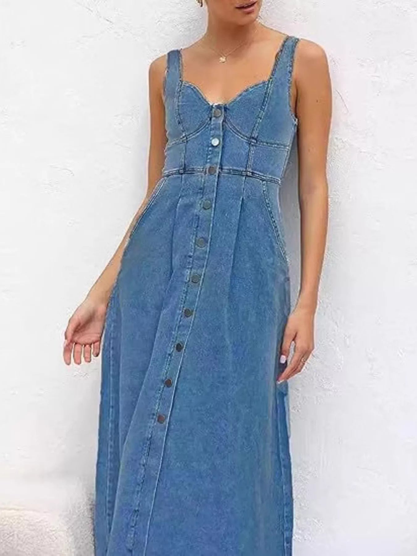 Trendsi Smocked Back Button Front Denim Midi Dress -