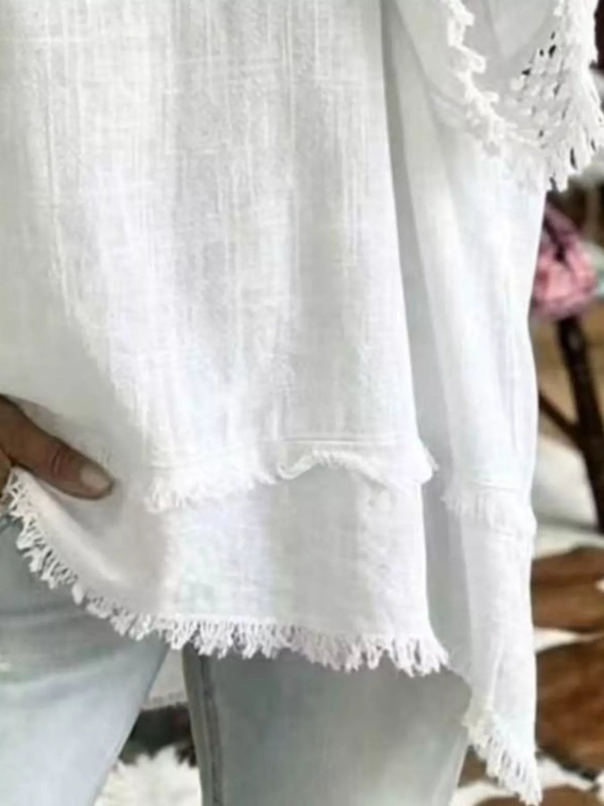 White Fringe Trim V-Neck Loose Fit Blouse alternate view