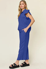 Trendsi Double Take Texture Ruffle Short Sleeve Top and Drawstring Wide Leg Pants Set -