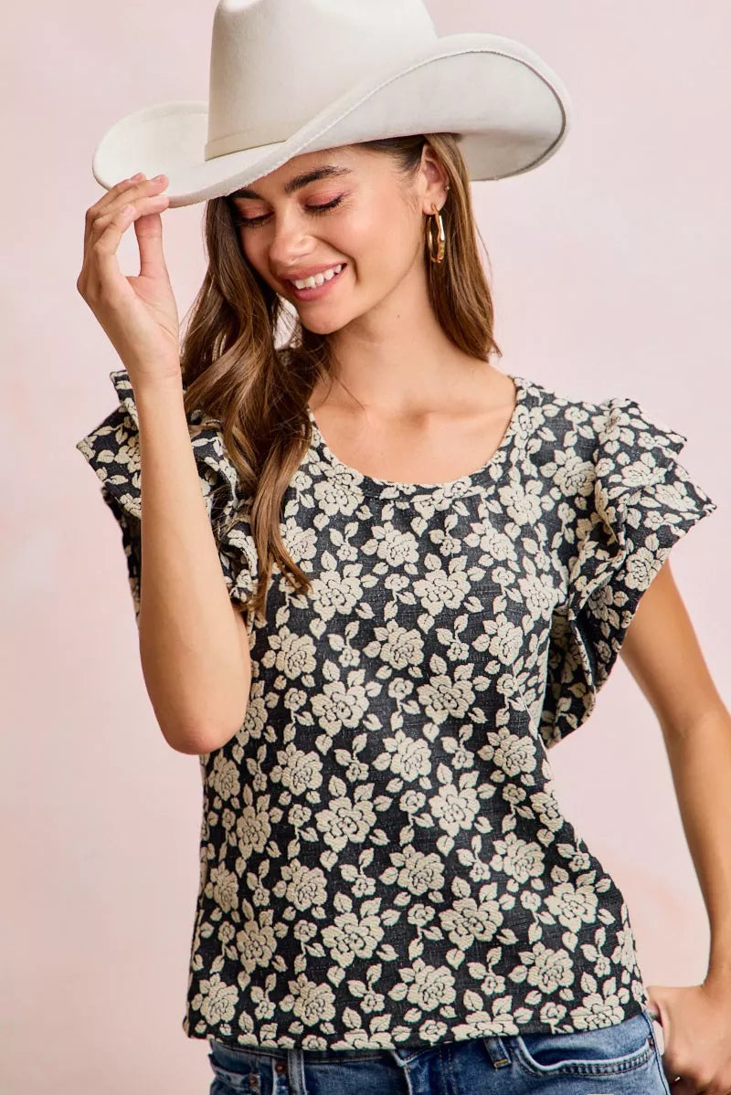 Women's floral jacquard knit top with ruffle sleeves - product view 7