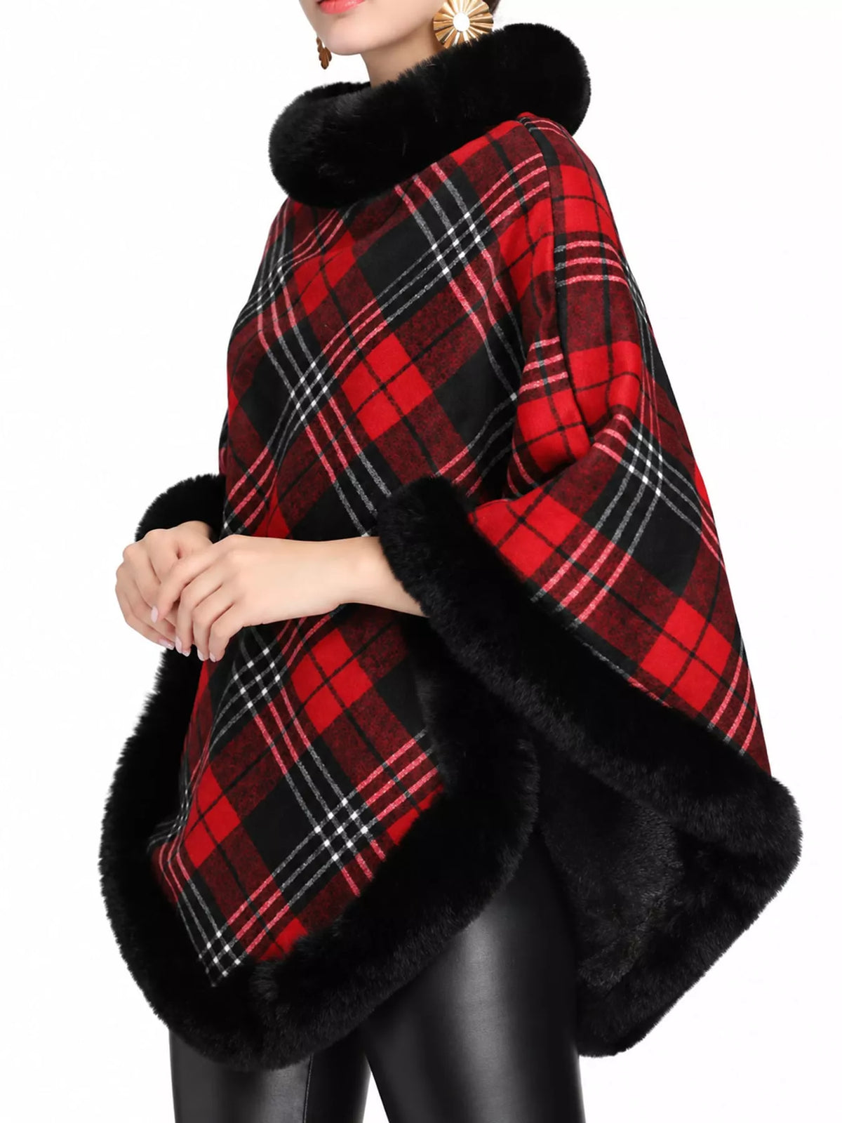 Black And Red-Plaid plaid faux fur trimmed poncho cape