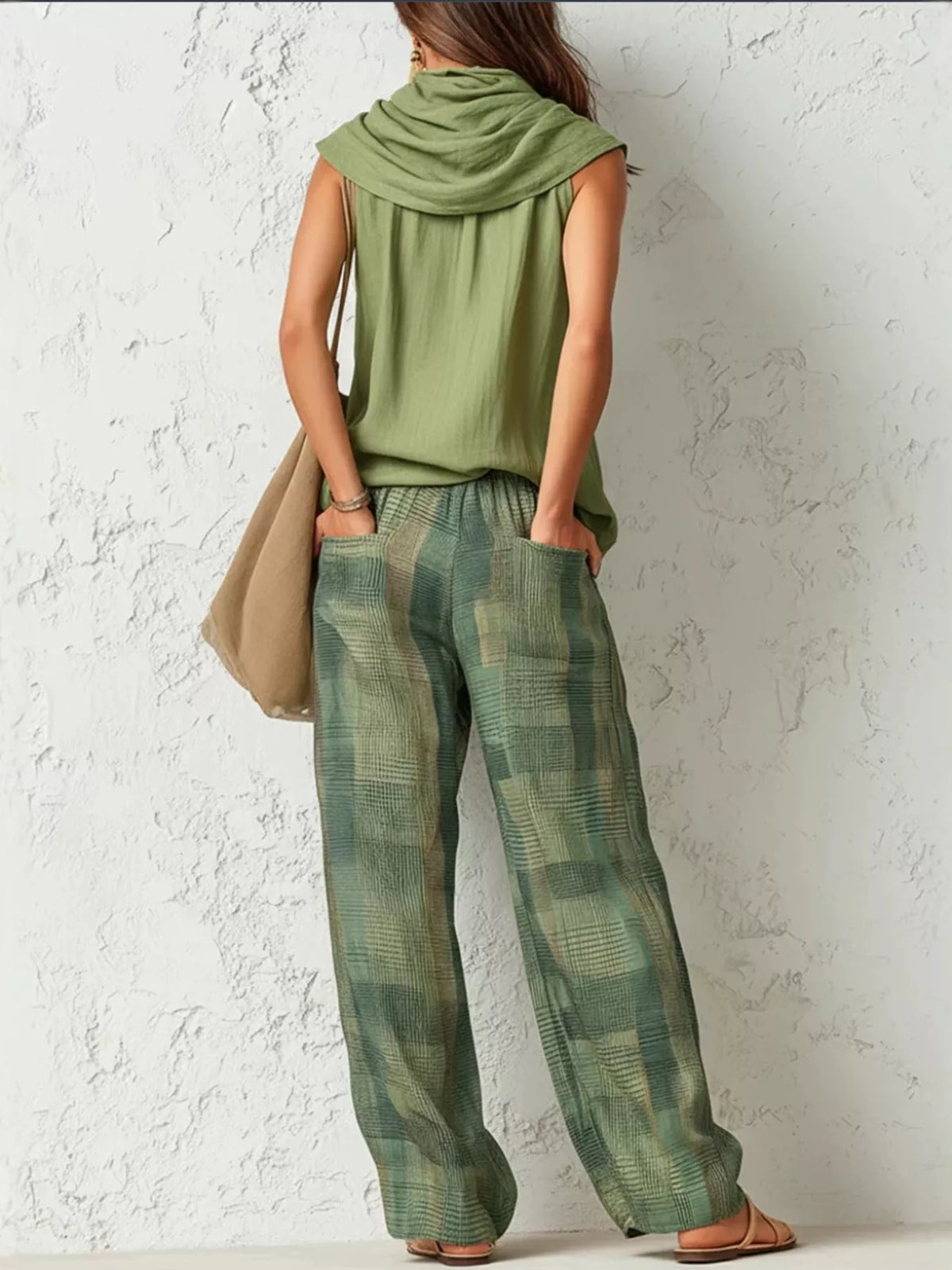 Sleeveless cowl-neck top and plaid wide-leg pants set