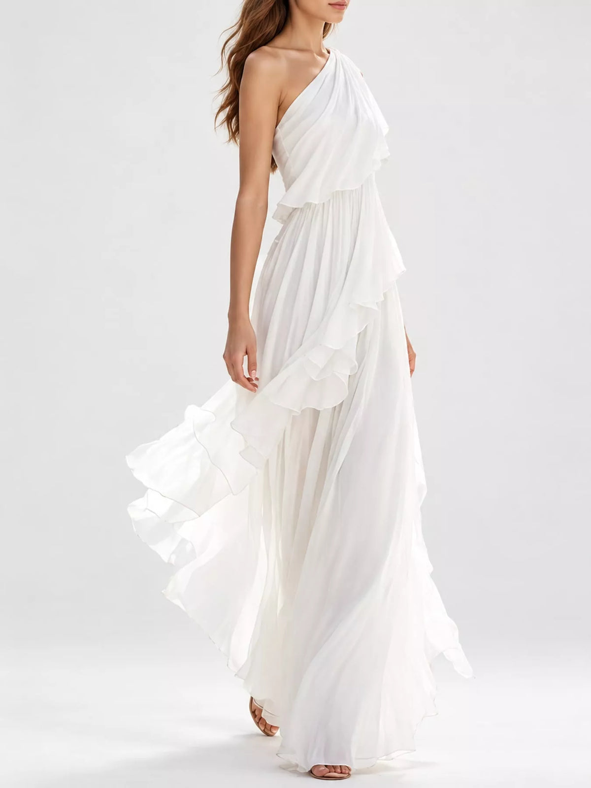 Women's One-Shoulder Ruffled Chiffon Maxi Dress in white — side view