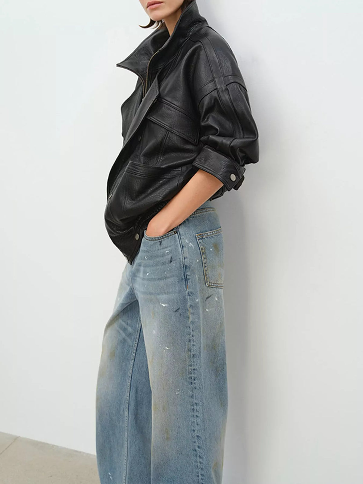 Snap Down Leather Jacket in black, side view