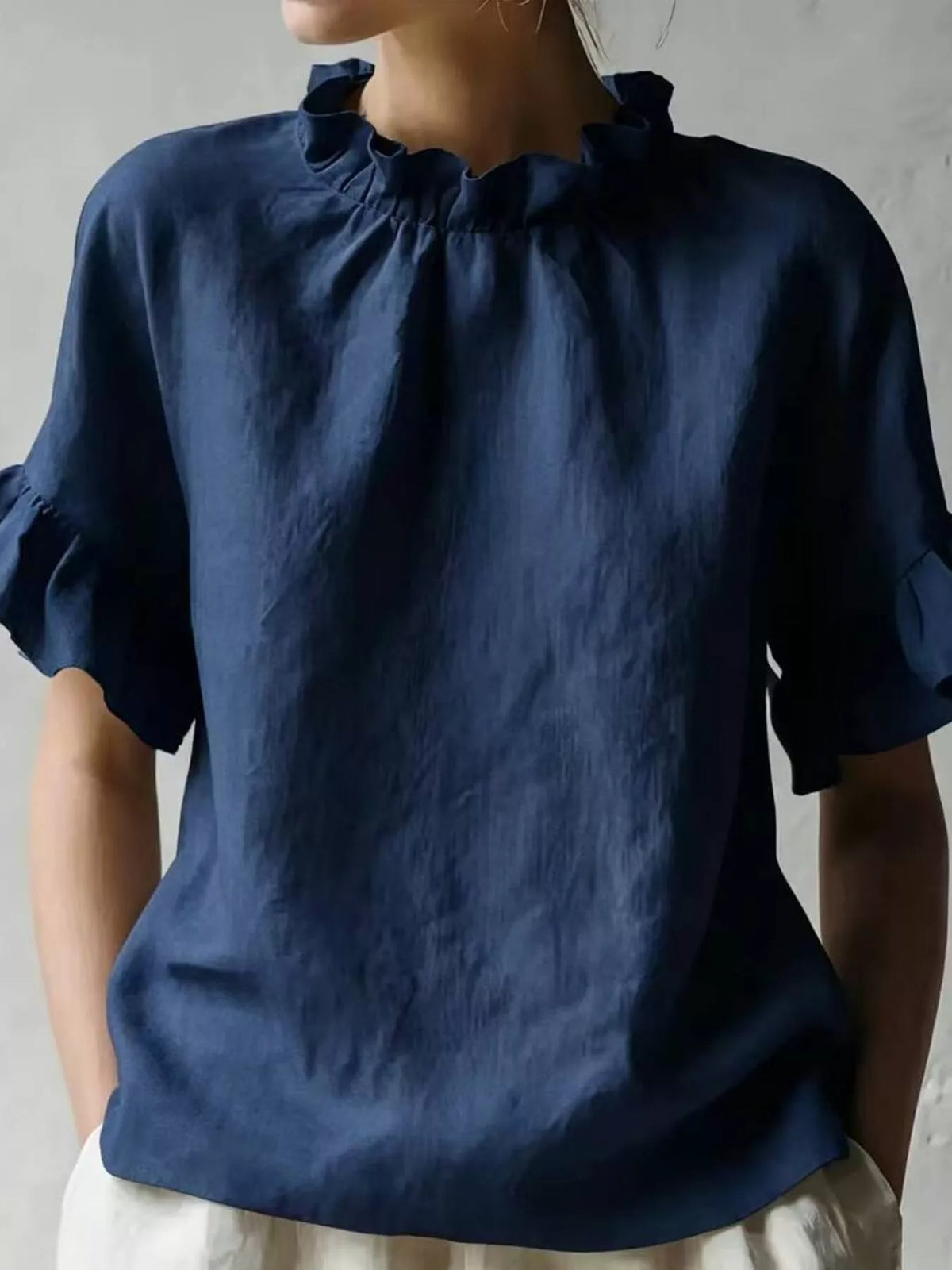 Dark Blue Ruffle-Neck Short Sleeve Blouse, front view