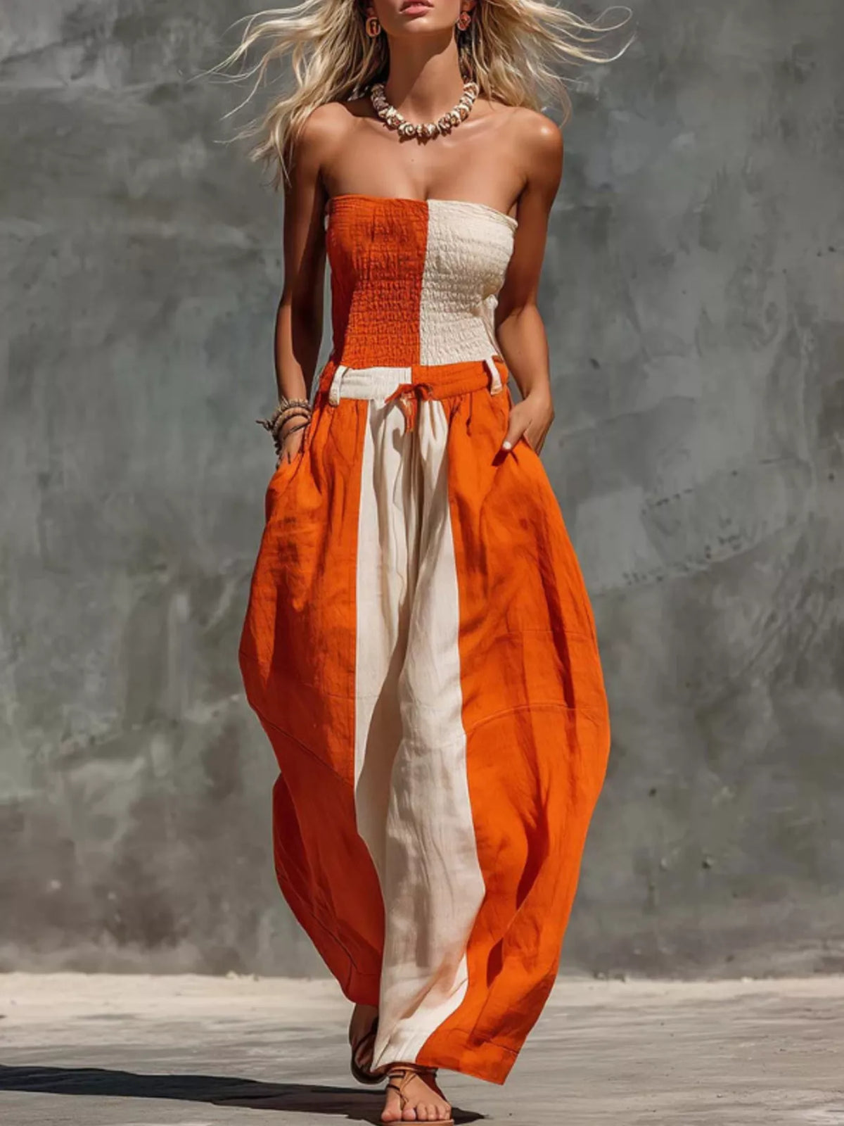 Trendsi Color-Block Strapless Smocked Jumpsuit -