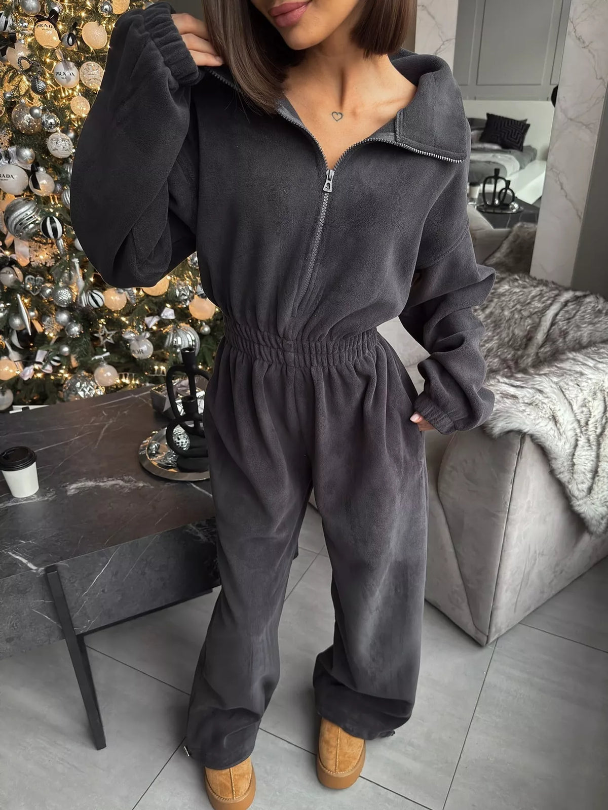 Zip Front Long Sleeve Jumpsuit — front view