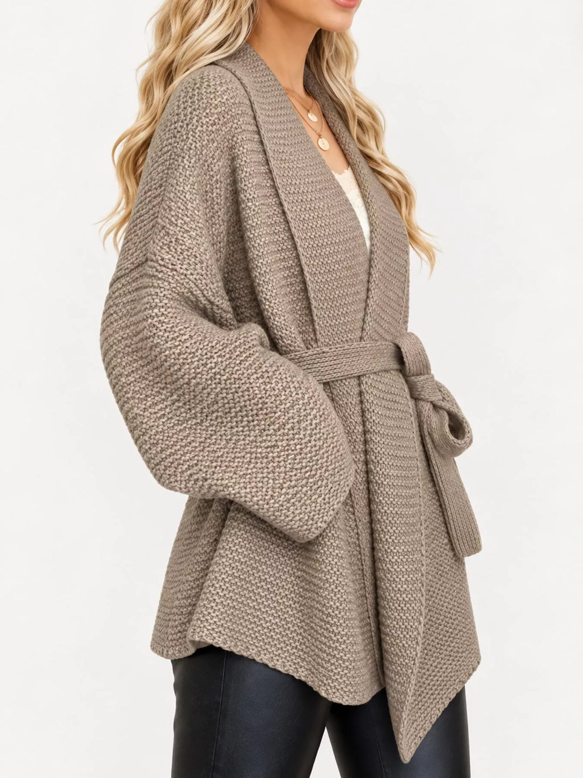 Belted cardigan, taupe side