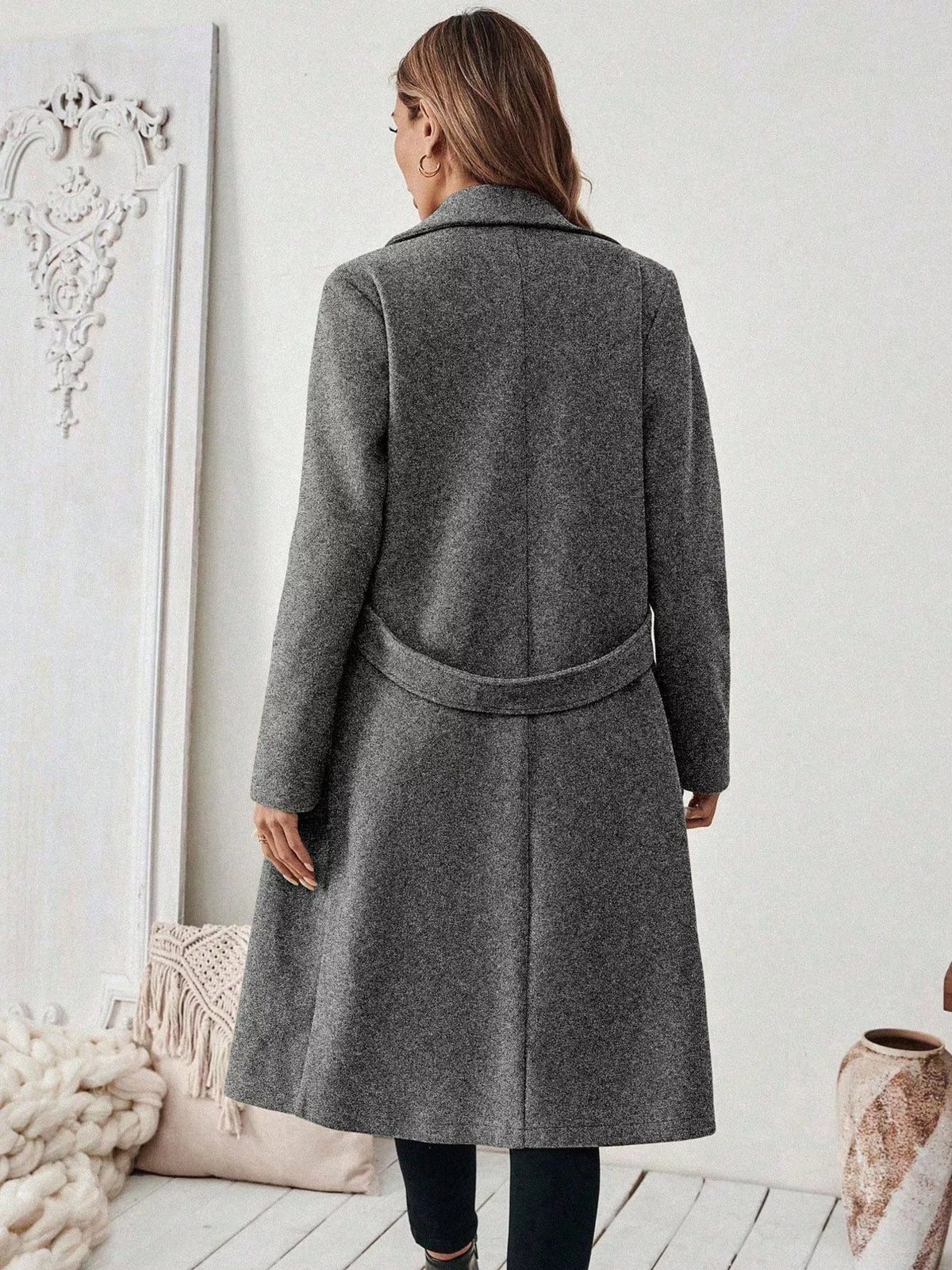 Gray lapel-collar longline coat, back view