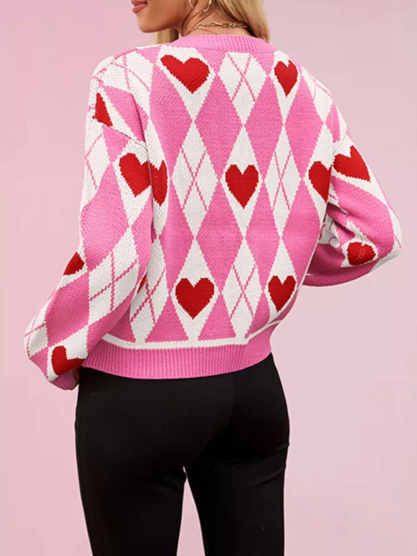 Trendsi Argyle Heart Pattern Button-Up Knit Cardigan -