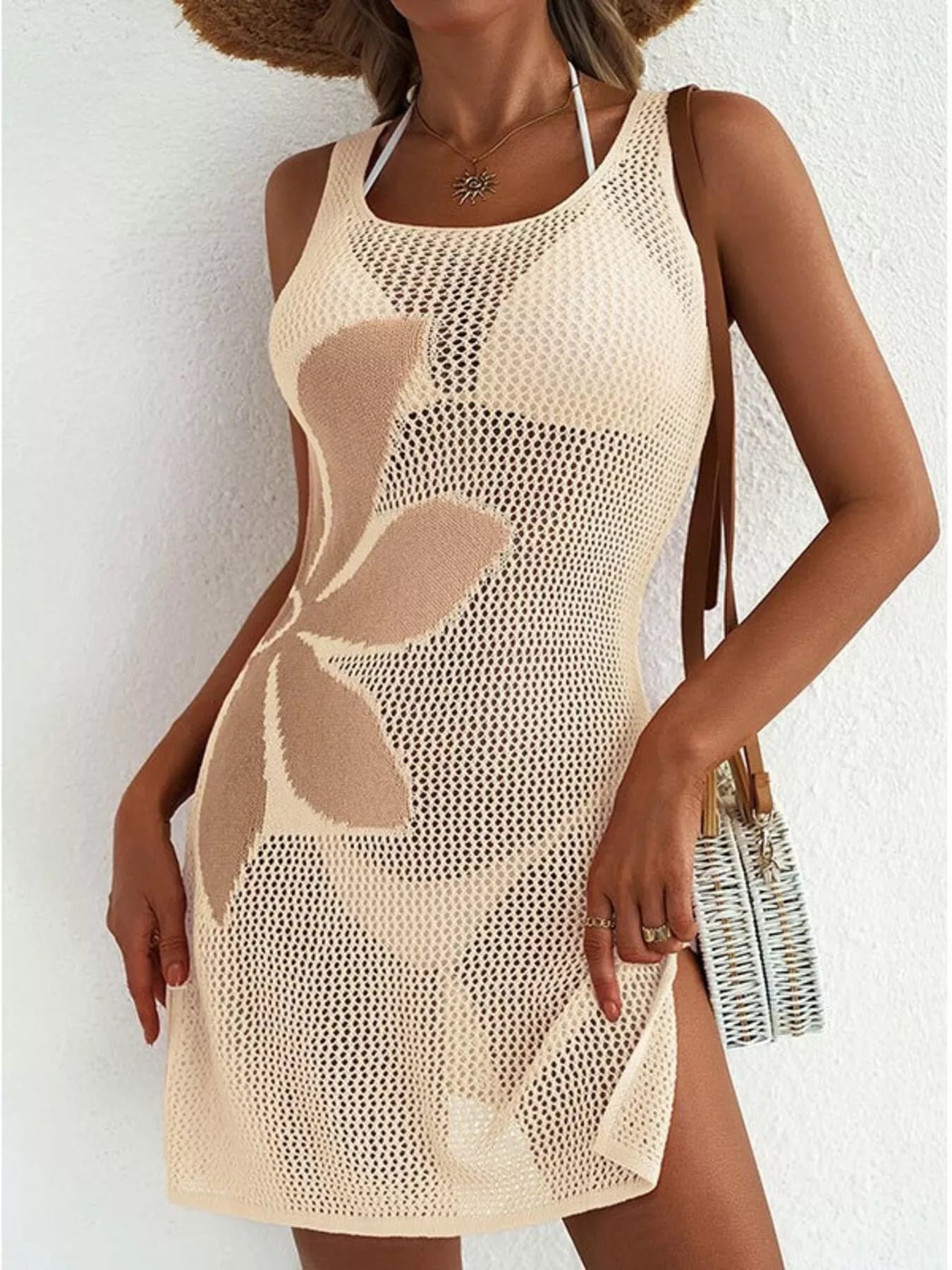 Trendsi Side Slit Flower Crochet Knit Cover Up Dress -