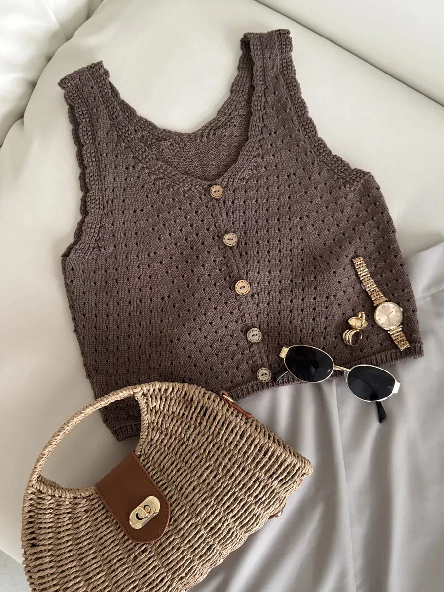 Brown openwork button-detail knit tank top, flat lay front.