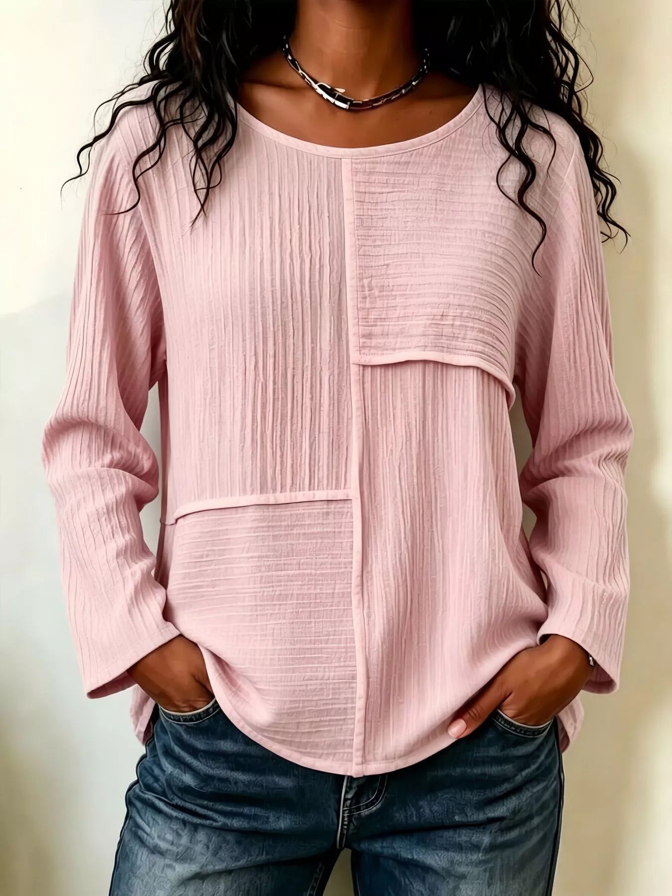 Trendsi Textured Patchwork Long Sleeve Casual T-Shirt -