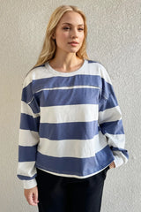Trendsi Oh Pima Cotton Wash Exposed Seam Contrast Striped Round Neck Long Sleeve T-Shirt -
