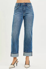 Trendsi RISEN Full Size 4 Way Stretch Slouchy Straight Jeans with Cuffed Hem Plus Size -
