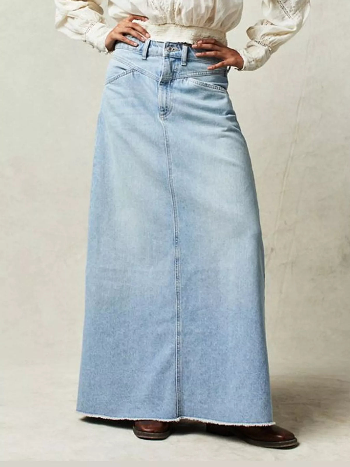 Raw Hem Maxi Denim Skirt — front view