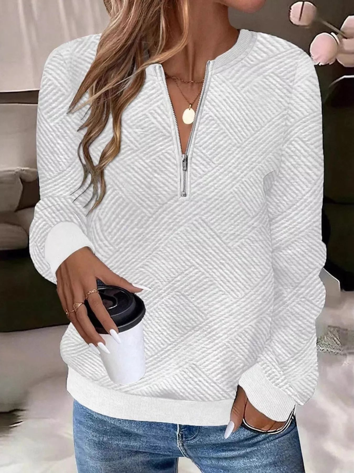 Trendsi Textured Quarter-Zip Sweatshirt -