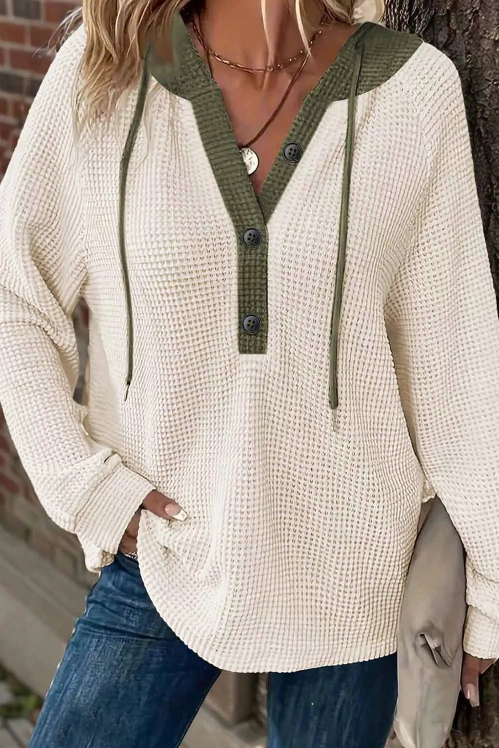 Trendsi Drawstring Waffle Knit Henley Hoodie -