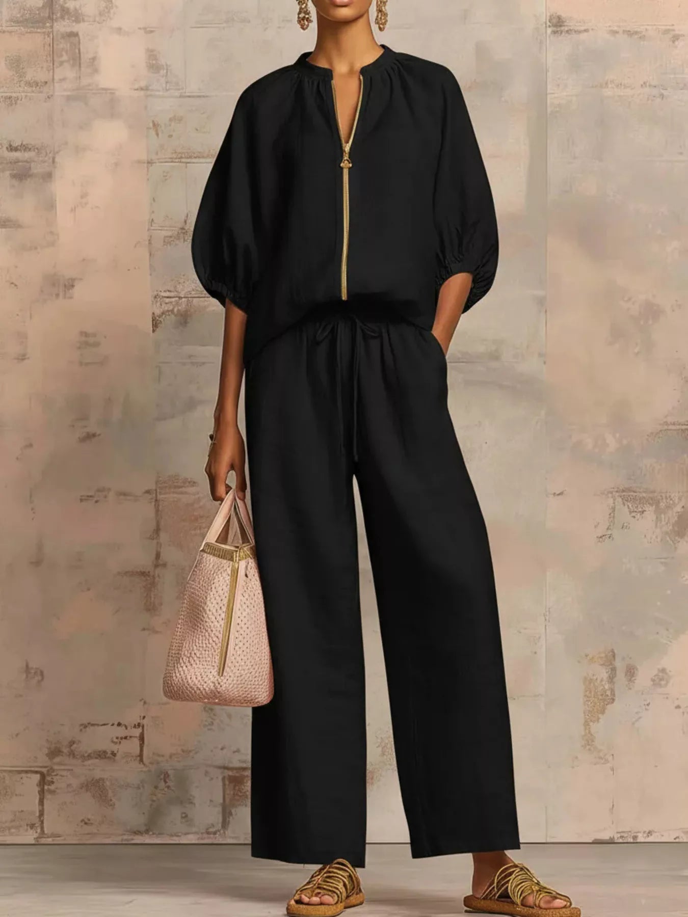 Zip-front top and wide-leg pants set