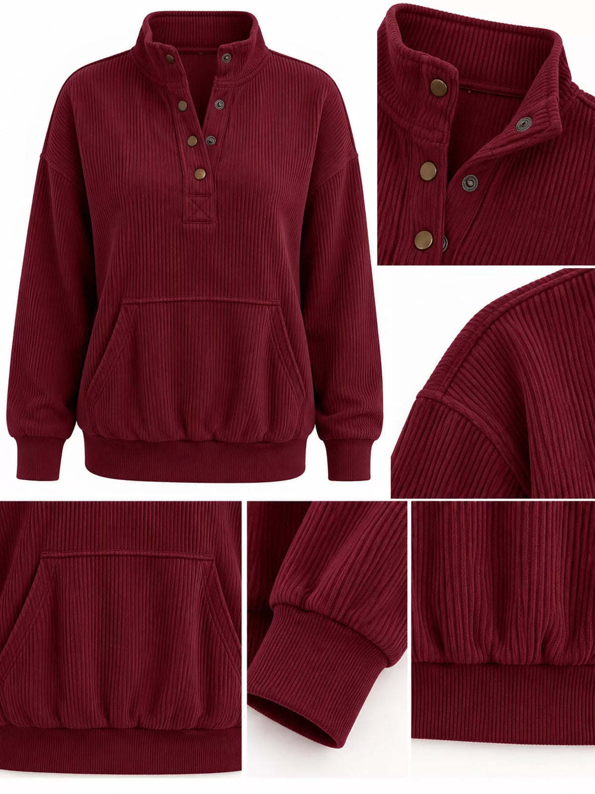Quarter-snap sweatshirt, burgundy detail collage