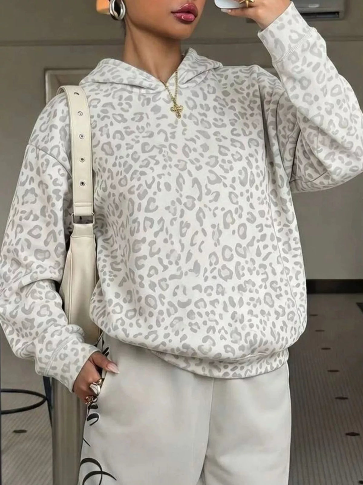 Trendsi Leopard Dropped Shoulder Hoodie -
