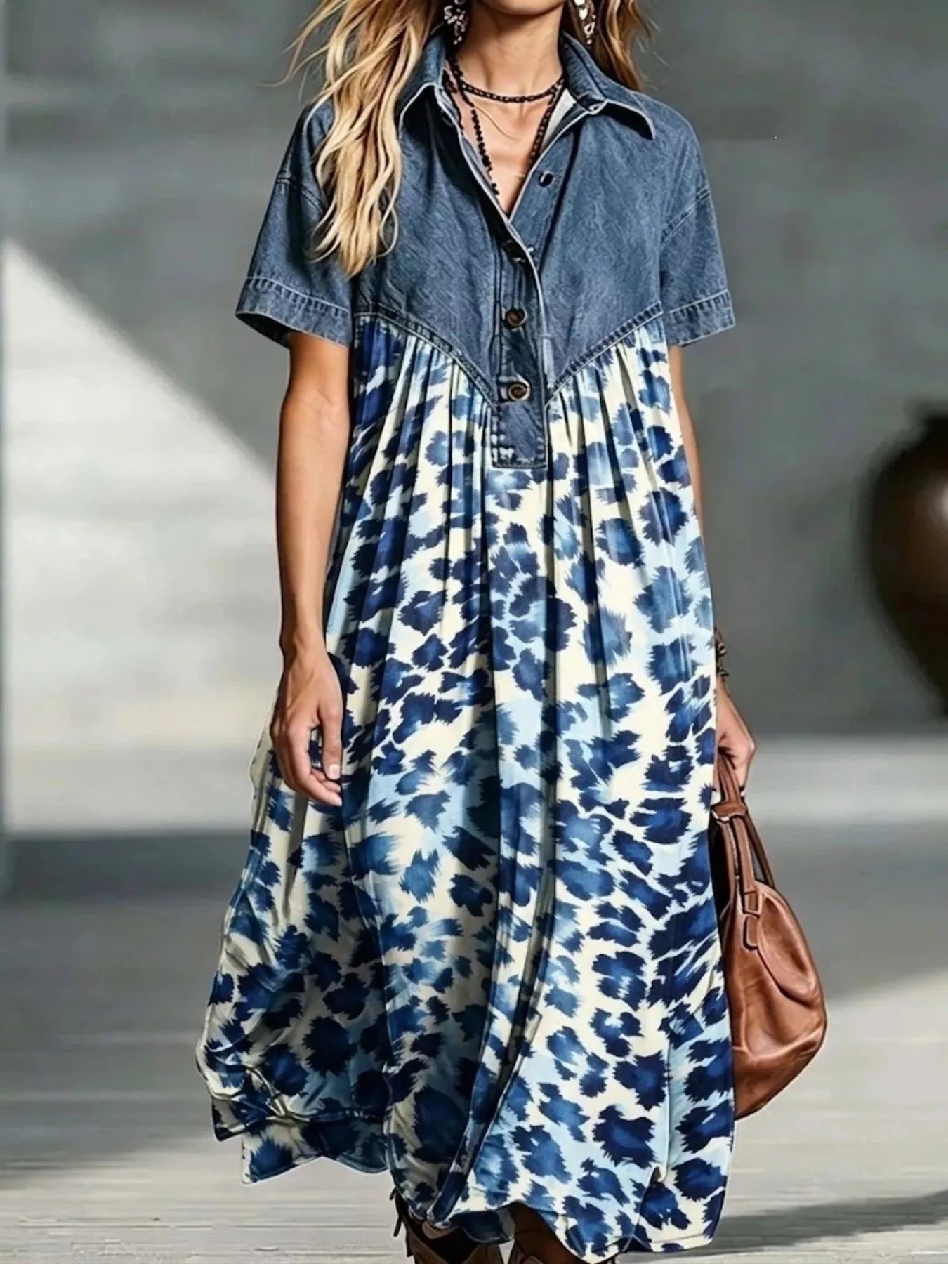 Trendsi Full Size Denim Patchwork Printed Shirt Dress Plus Size -