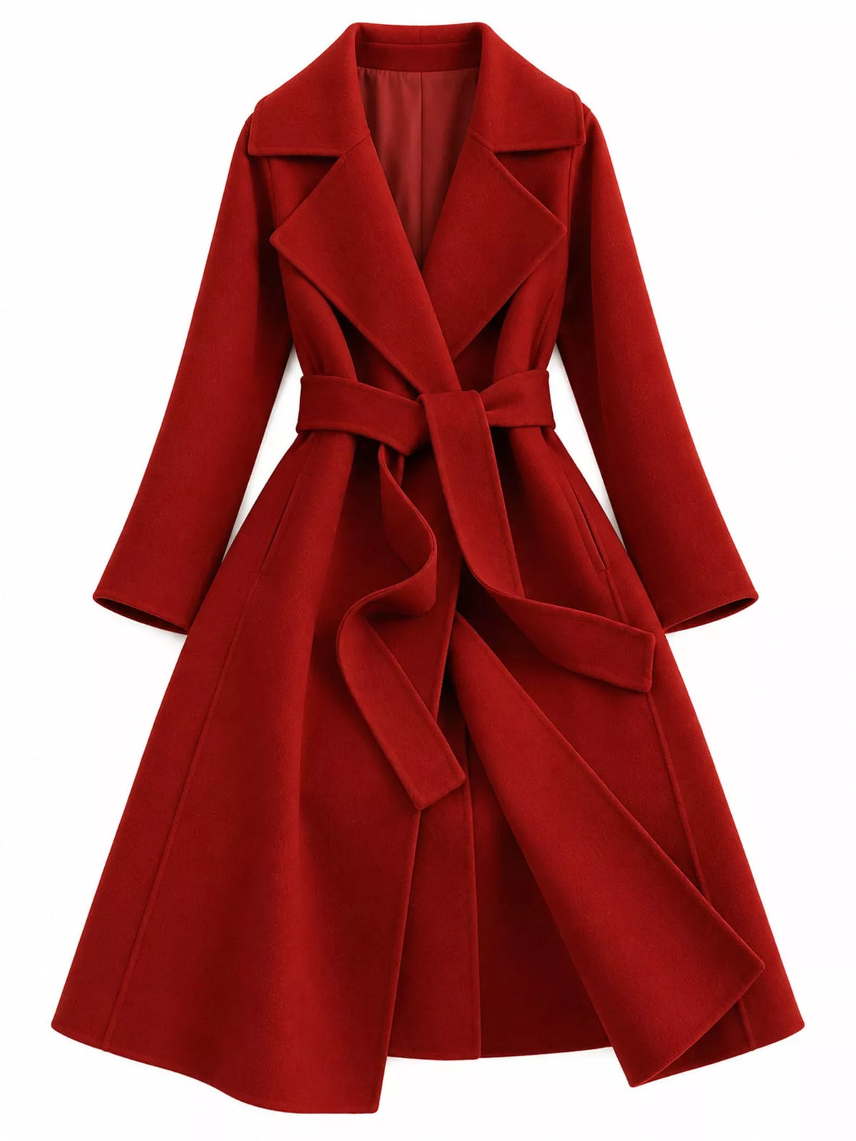 Red belted longline wool coat
