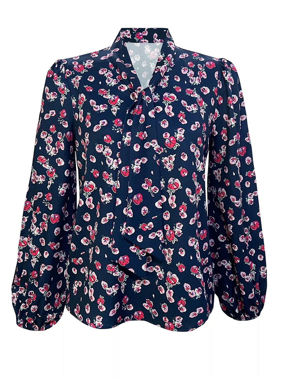 Women's Printed Bow-Tie Neck Long Sleeve Blouse in Burgundy, back view