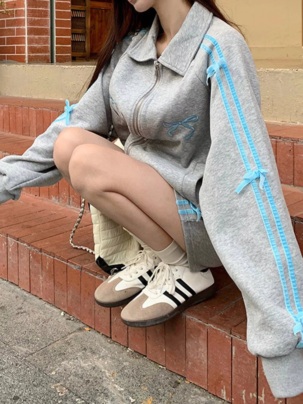 Heather Gray bow embroidered zip-up sweatshirt