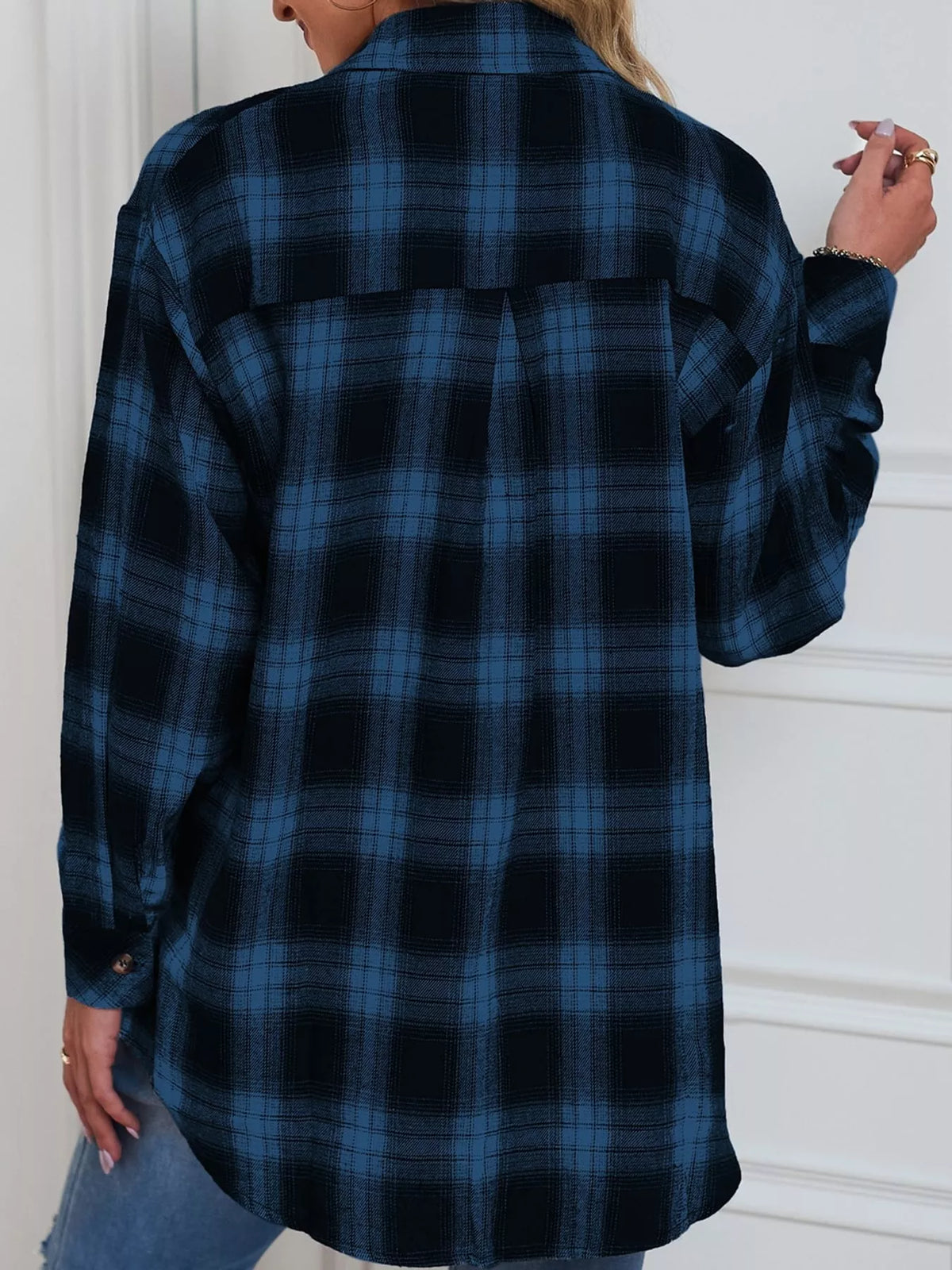 Oversized plaid shirt, blue plaid back