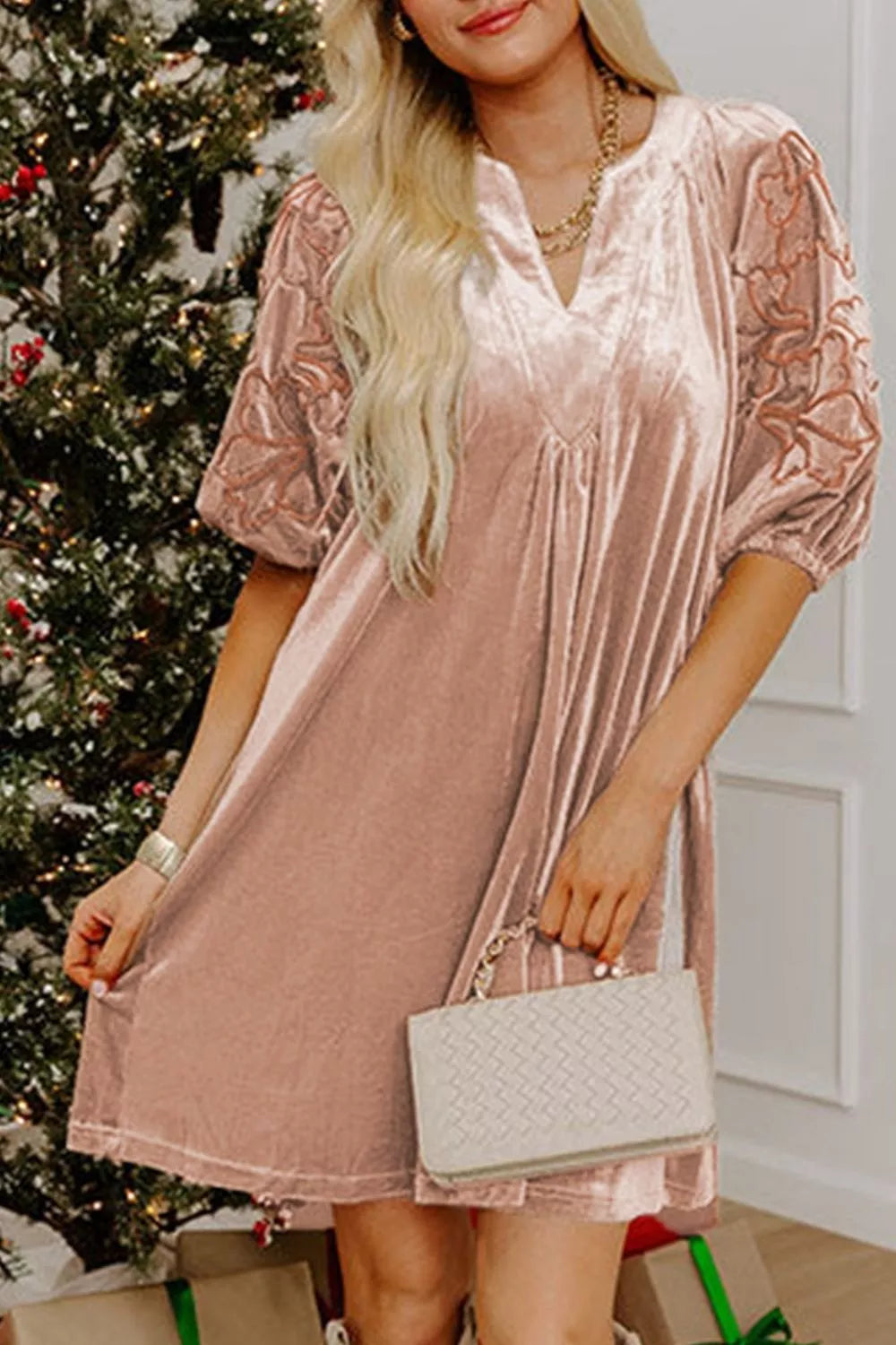 Trendsi Embroidered‑Sleeve Velvet Mini Shift Dress -