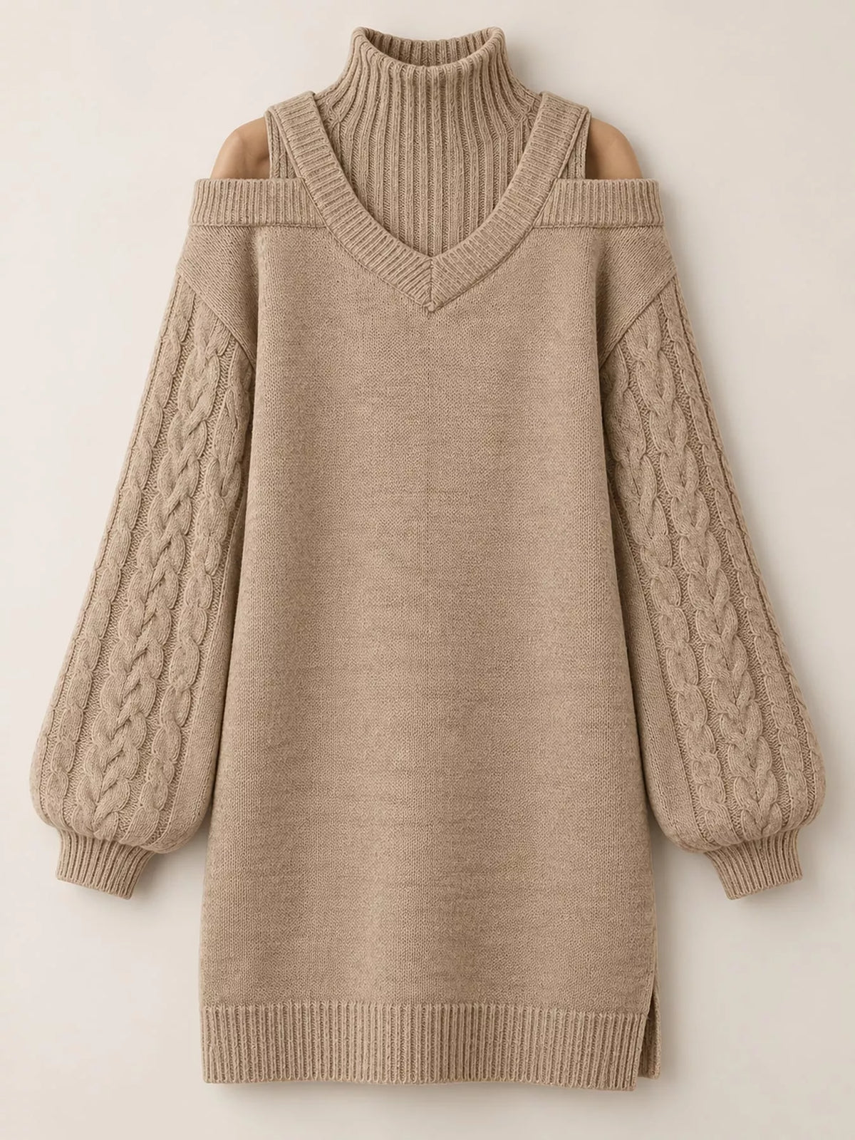 Beige cold shoulder cable knit mock neck sweater dress, front view