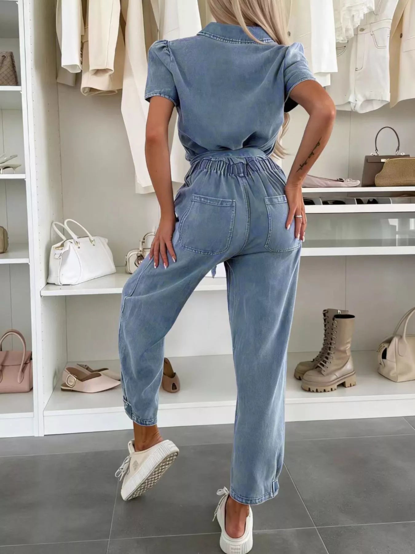 Trendsi Vintage Wash Short Sleeve Denim Jumpsuit -