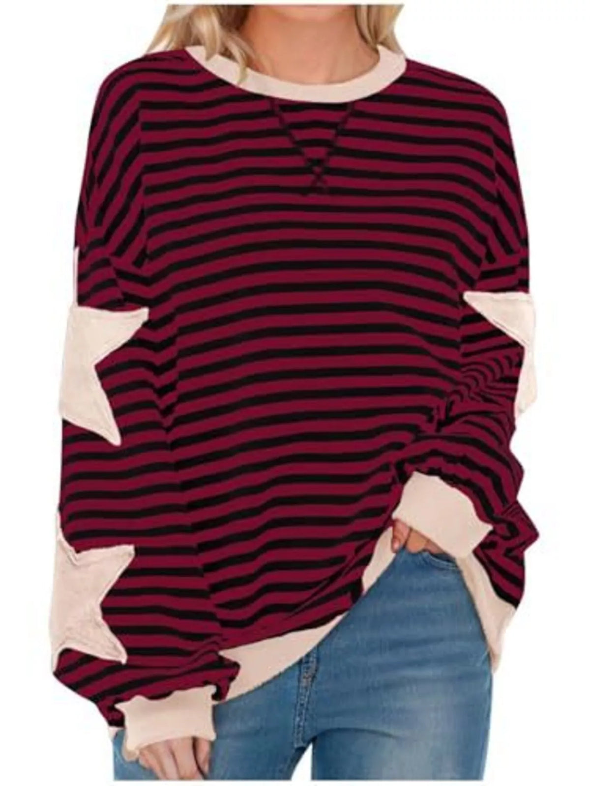 Burgundy Star-Patch Striped Oversized Sweatshirt front view