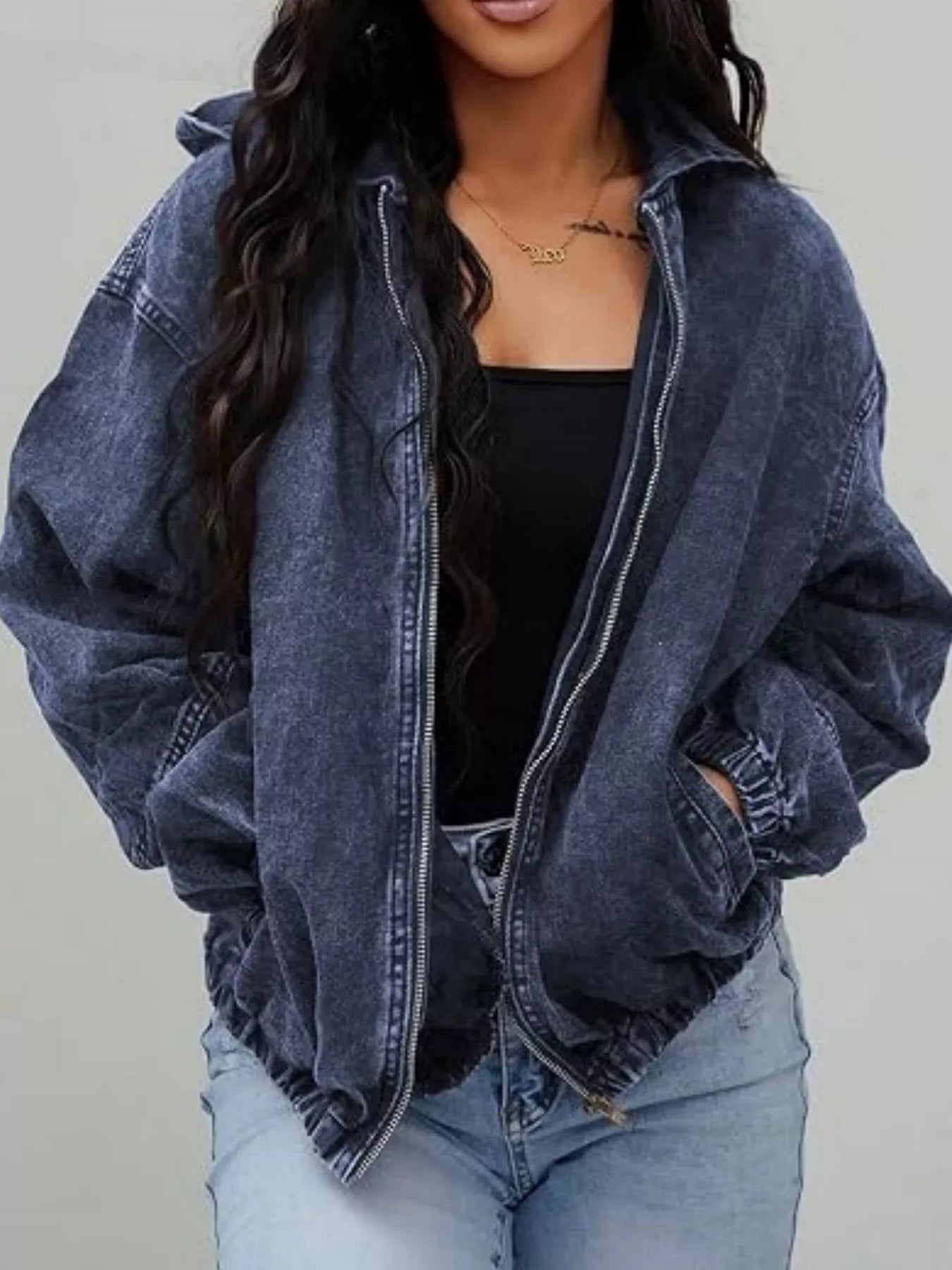 Trendsi Vintage Washed Zip Up Hooded Denim Jacket -