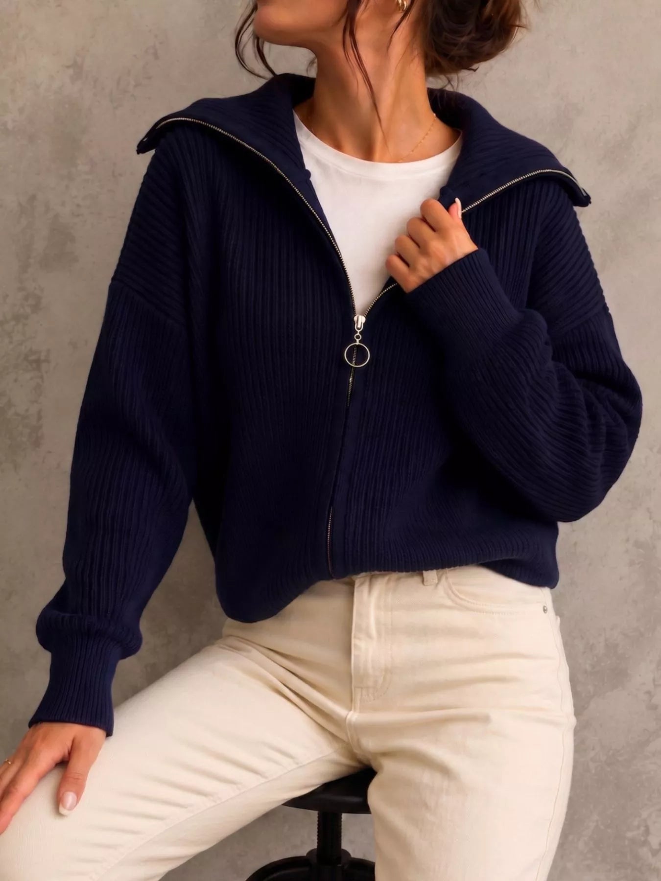 Trendsi Zip Up Dropped Shoulder Cardigan -
