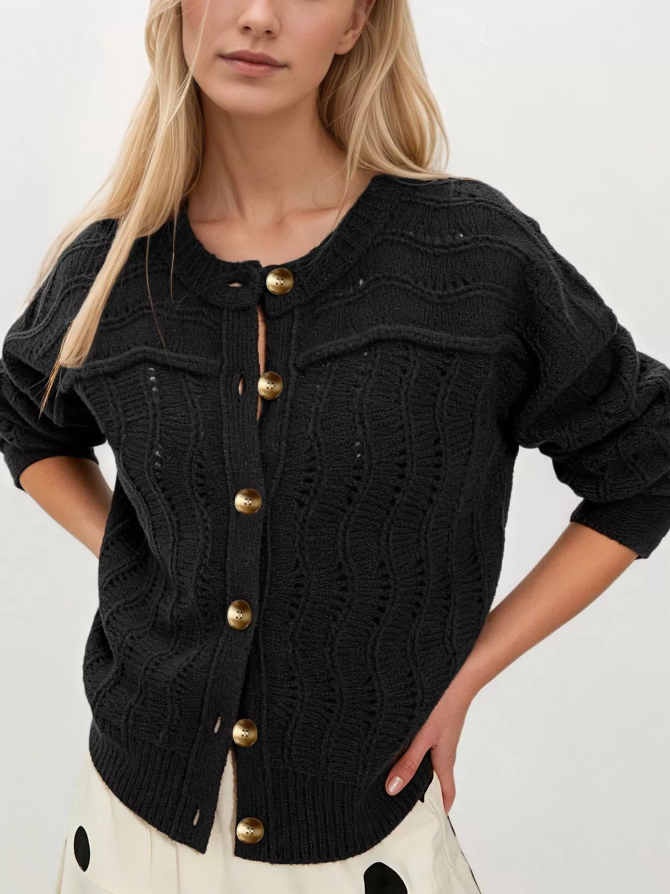 Trendsi Openwork Button-Down Knit Cardigan -