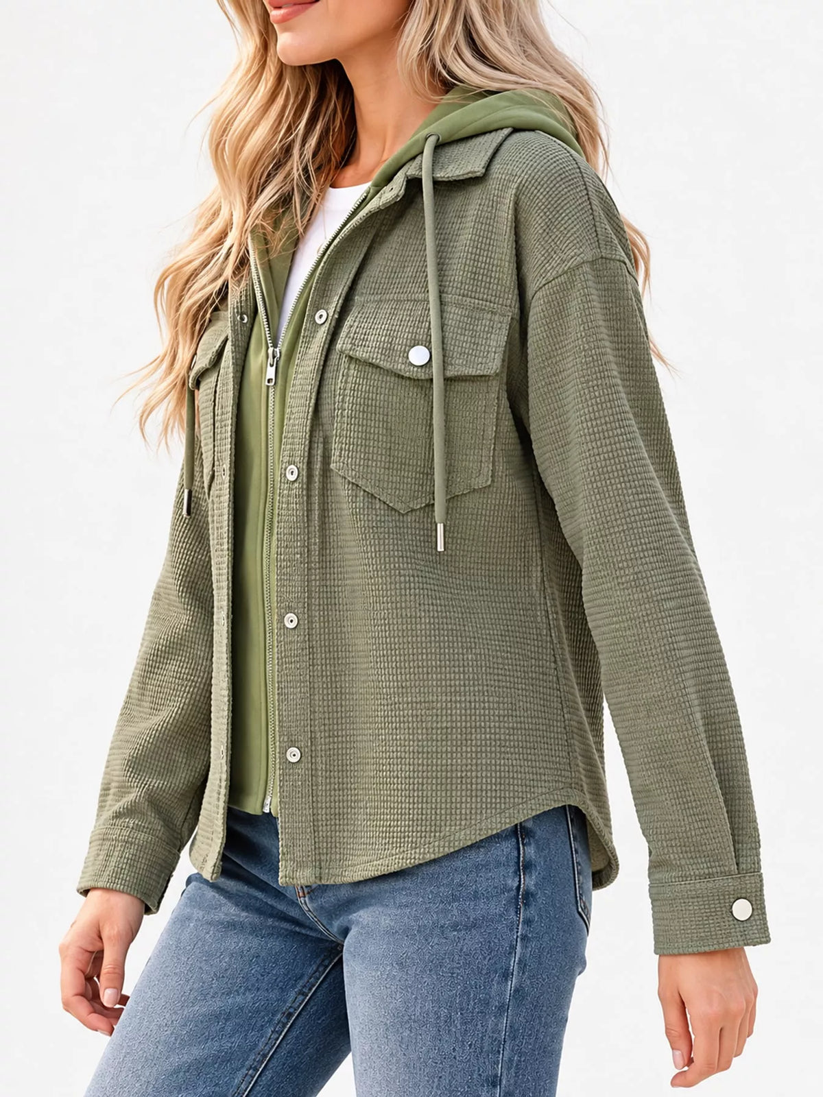 Olive textured long sleeve hooded jacket — side view